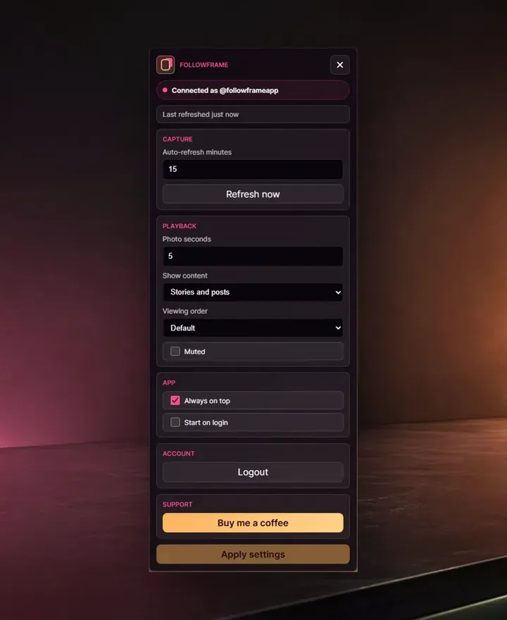 FollowFrame settings for playback and the experimental Instagram connector